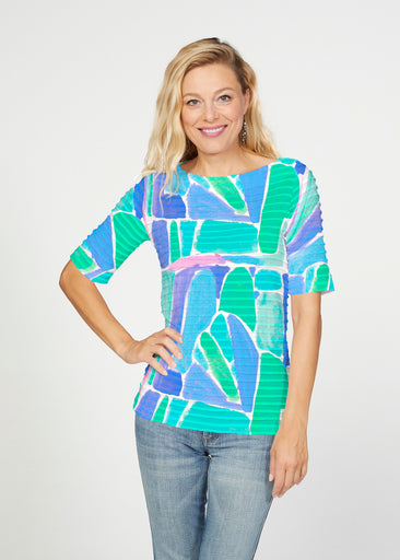 Pebble Walk Blue (17260) ~ Banded Elbow Sleeve Boat Neck Top
