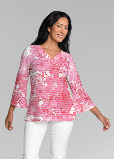 Polly Pink (5268) ~ Banded 3/4 Bell-Sleeve V-Neck Tunic