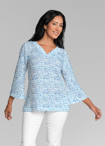Flora Blue (7373) ~ Banded 3/4 Bell-Sleeve V-Neck Tunic
