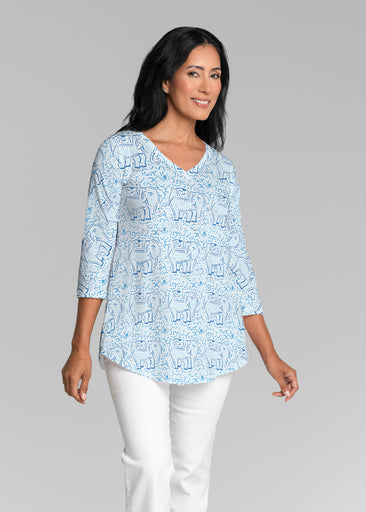 Flora Blue (7373) ~ V-neck Flowy Tunic