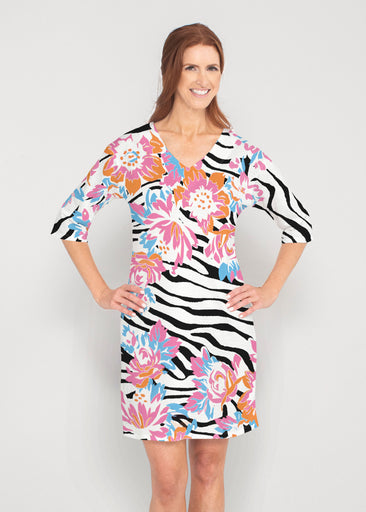 Zebra Posy Black (8118) ~ Lucy 3/4 Sleeve V-Neck Dress