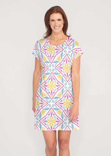 Geo Tile Blue (8158) ~ French Terry Short Sleeve Crew Dress