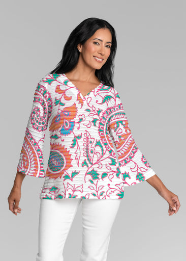 Serena Orange (8189) ~ Banded 3/4 Bell-Sleeve V-Neck Tunic