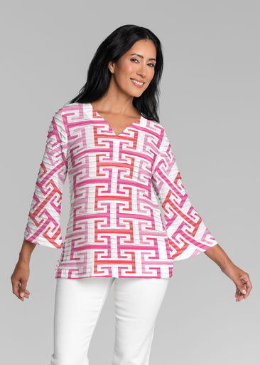 Greek Key Spring (8191) ~ Banded 3/4 Bell-Sleeve V-Neck Tunic