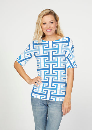 Greek Key Blue (8192) ~ Banded Elbow Sleeve Boat Neck Top