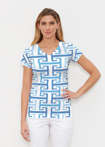 Greek Key Blue (8192) ~ Signature Cap Sleeve V-Neck Shirt