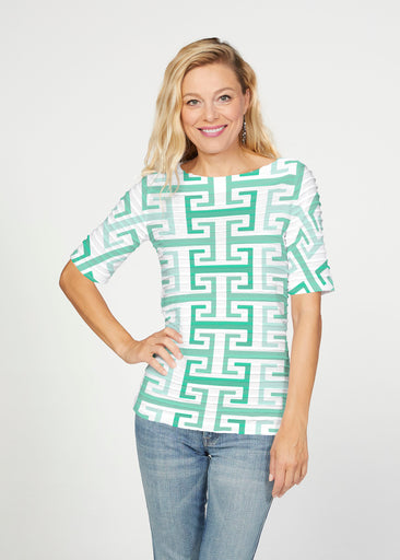 Greek Key Mint (8193) ~ Banded Elbow Sleeve Boat Neck Top