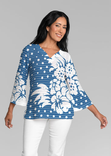 Carlotta Blue (8196) ~ Banded 3/4 Bell-Sleeve V-Neck Tunic