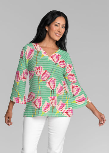 La La Mint (8202) ~ Banded 3/4 Bell-Sleeve V-Neck Tunic