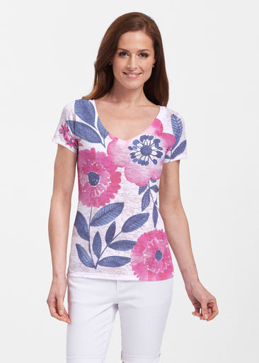 Watercolor Blooms (13355) ~ Sheer Short Sleeve V-Neck Shirt