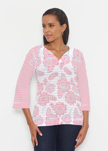 Floral Sunshine Pink (13543) ~ Banded 3/4 Bell-Sleeve V-Neck Tunic