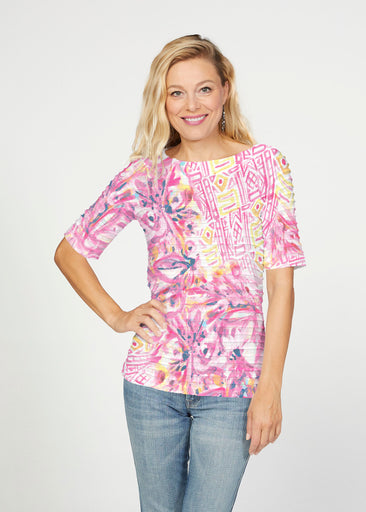 Lilly Pink (17250) ~ Banded Elbow Sleeve Boat Neck Top