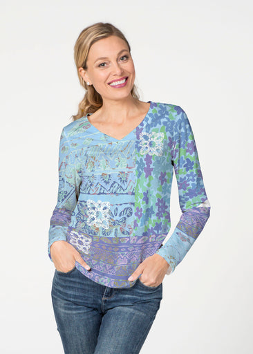 Aspen Aqua (19186) ~ French Terry V-neck Top
