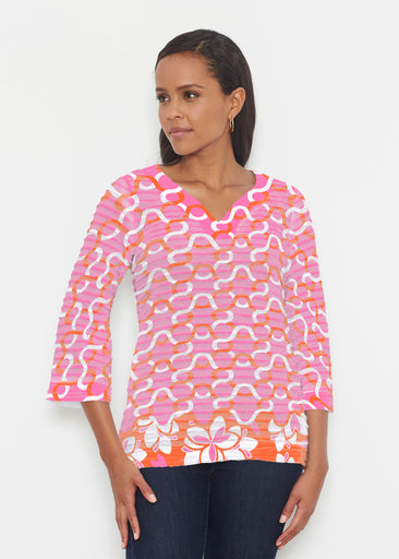 Squiggles Pink (20341) ~ Banded 3/4 Bell-Sleeve V-Neck Tunic