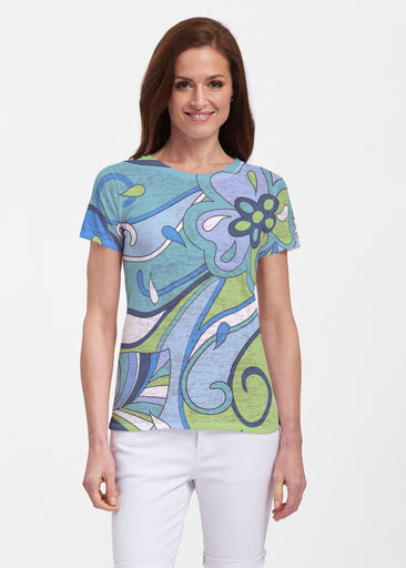 Floral Spritz Turquoise (22093) ~ Sheer Short Sleeve Crew Shirt
