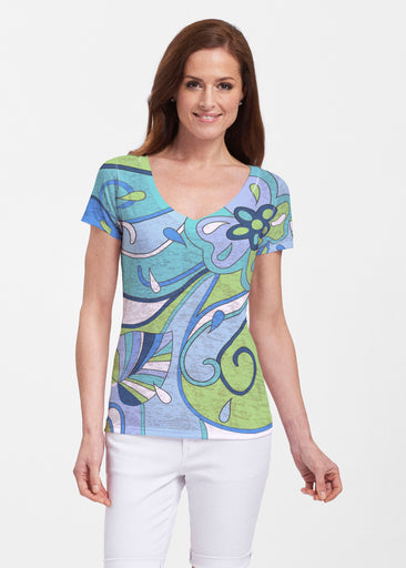 Floral Spritz Turquoise (22093) ~ Sheer Short Sleeve V-Neck Shirt