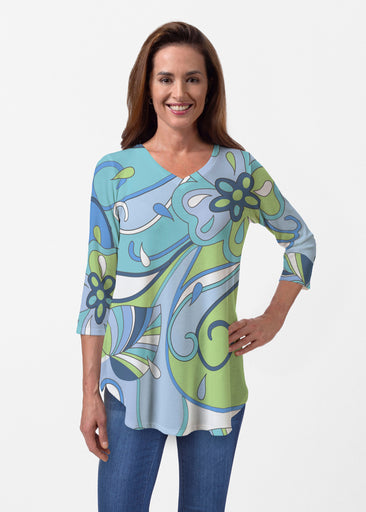 Floral Spritz Turquoise (22093) ~ Butterknit V-neck Flowy Tunic
