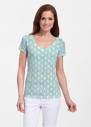 Coastal Lace Green (7686) ~ Sheer Short Sleeve V-Neck Shirt