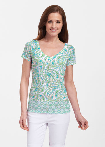 Coastal Paisley Lace Green (7690) ~ Sheer Short Sleeve V-Neck Shirt