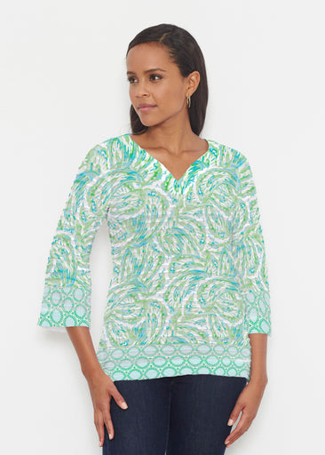 Coastal Paisley Lace Green (7690) ~ Banded 3/4 Bell-Sleeve V-Neck Tunic