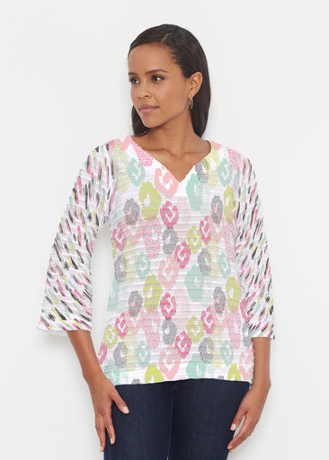 Abstract Pastel Ikat (7813) ~ Banded 3/4 Bell-Sleeve V-Neck Tunic