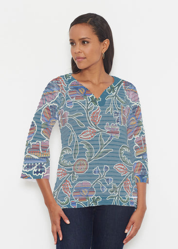 Patterns At Play Blue (7827) ~ Banded 3/4 Bell-Sleeve V-Neck Tunic