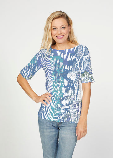 Jungle Warrior Blue (7850) ~ Banded Elbow Sleeve Boat Neck Top