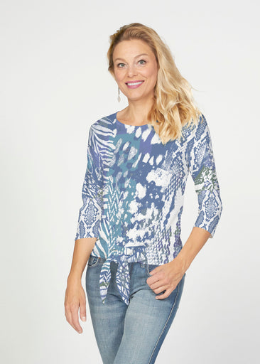 Jungle Warrior Blue (7850) ~ French Terry Tie 3/4 Sleeve Top