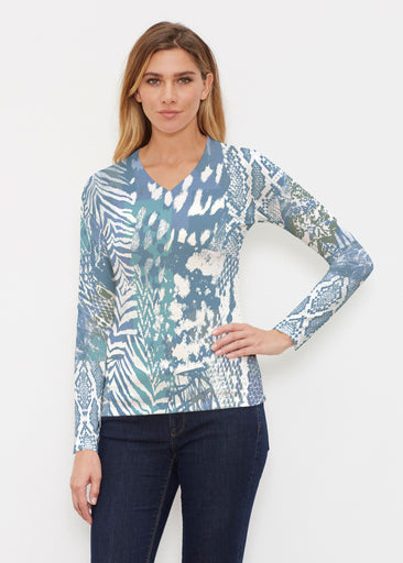 Jungle Warrior Blue (7850) ~ Butterknit Long Sleeve V-Neck Top