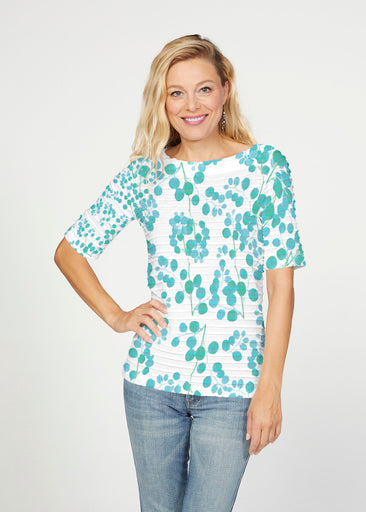 Teal Pome (7863) ~ Banded Elbow Sleeve Boat Neck Top