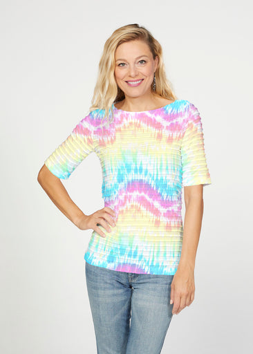 Waves Tie Dye (7896) ~ Banded Elbow Sleeve Boat Neck Top