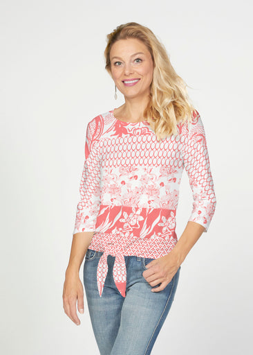 Patchwork Coral (7900) ~ French Terry Tie 3/4 Sleeve Top
