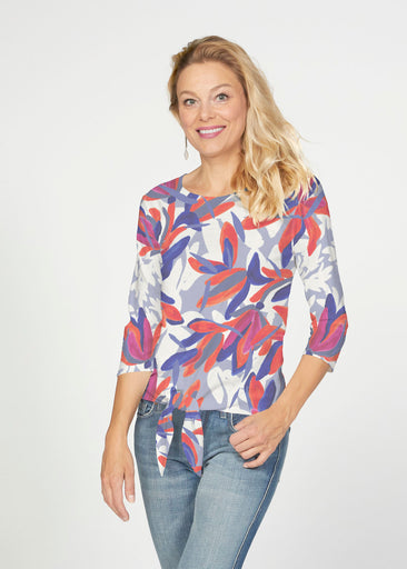 Colorful Palm Blue (7901) ~ French Terry Tie 3/4 Sleeve Top