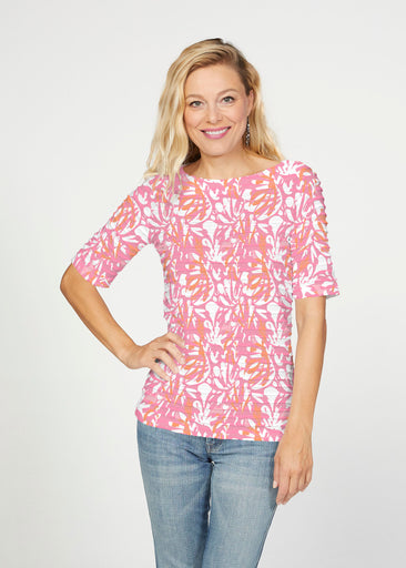 Camouflage Dots Pink (7912) ~ Banded Elbow Sleeve Boat Neck Top