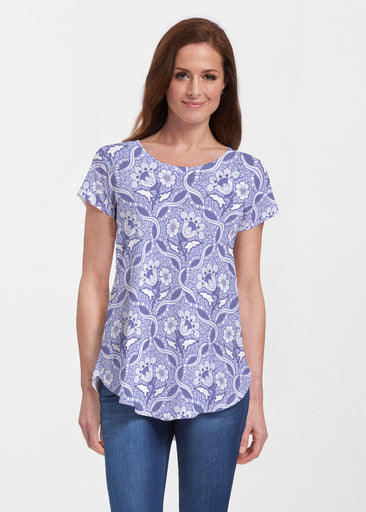 Braided Flower Navy (7917) ~ Short Sleeve Scoop Neck Flowy Tunic