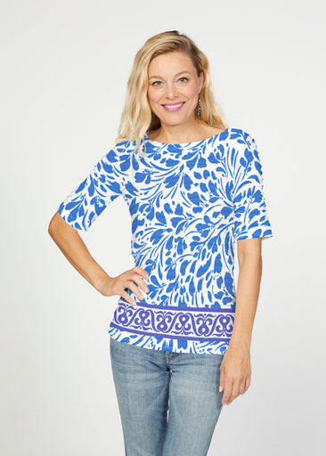 Ditsy Royal (7930) ~ Banded Elbow Sleeve Boat Neck Top
