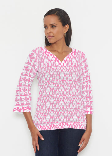Cosmo Ikat (7933) ~ Banded 3/4 Bell-Sleeve V-Neck Tunic