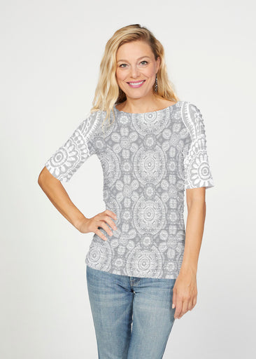 Etched Mod Grey (7964) ~ Banded Elbow Sleeve Boat Neck Top