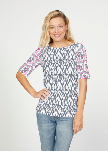 Ikat Lattice Pink (7975) ~ Banded Elbow Sleeve Boat Neck Top
