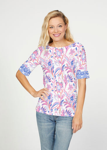 Floral Buds Pink (8032) ~ Banded Elbow Sleeve Boat Neck Top