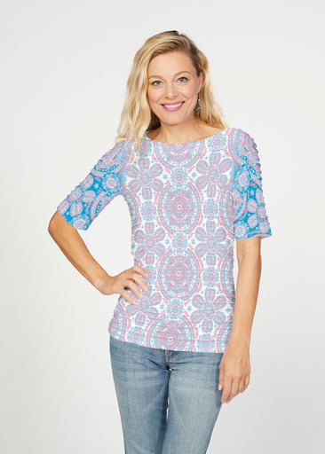 Etched Mod Blue (8033) ~ Banded Elbow Sleeve Boat Neck Top