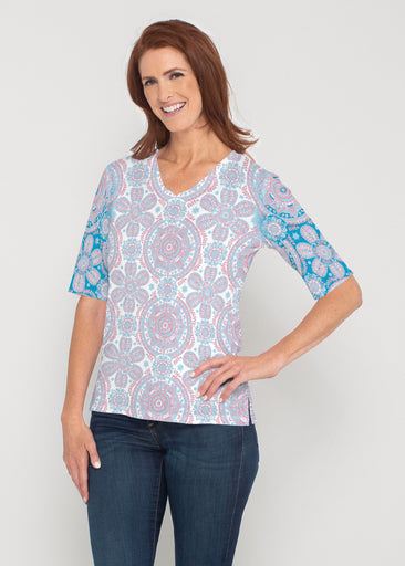Etched Mod Blue (8033) ~ Signature Elbow Sleeve V-Neck Top