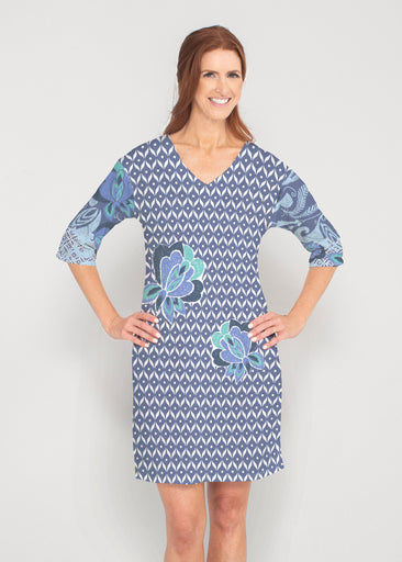 Vintage Blooms Blue (8060) ~ Drop Shoulder 3/4 Sleeve V-Neck Dress