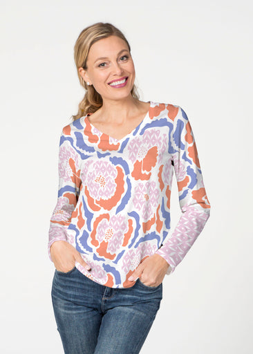 Peonies Pink (8074) ~ French Terry V-neck Top