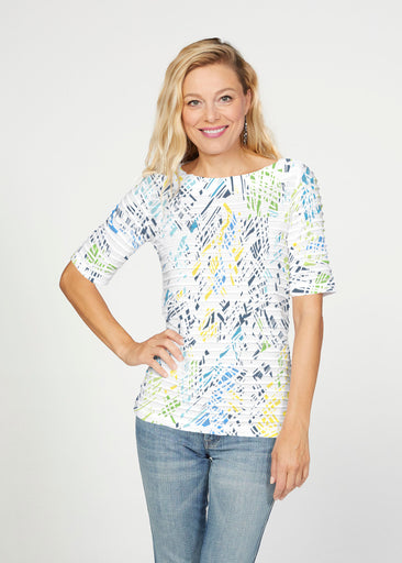Pixie Blue (8077) ~ Banded Elbow Sleeve Boat Neck Top