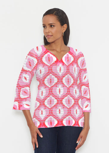 Ikat Buds Red/Pink (8096) ~ Banded 3/4 Bell-Sleeve V-Neck Tunic
