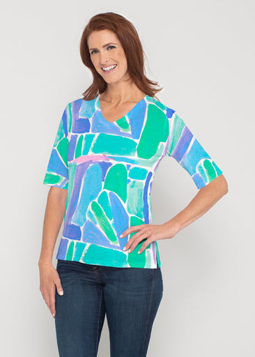 Pebble Walk Blue (17260) ~ Signature Elbow Sleeve V-Neck Top