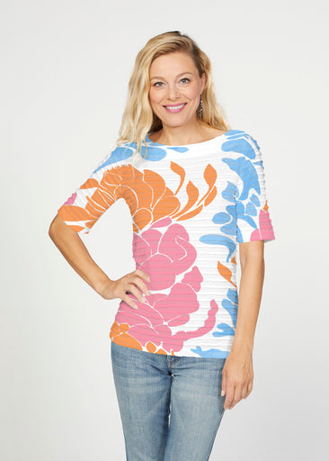 Lotus Pink/Orange (23058) ~ Banded Elbow Sleeve Boat Neck Top