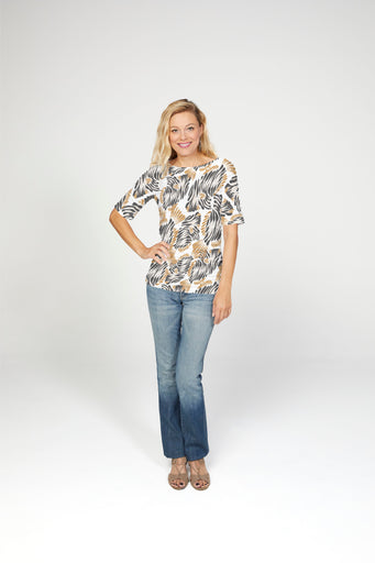 Zebra Fish (26007) ~ Banded Elbow Sleeve Boat Neck Top