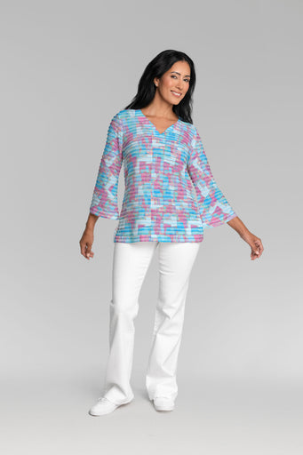 College Cutout (26008) ~ Banded 3/4 Bell-Sleeve V-Neck Tunic
